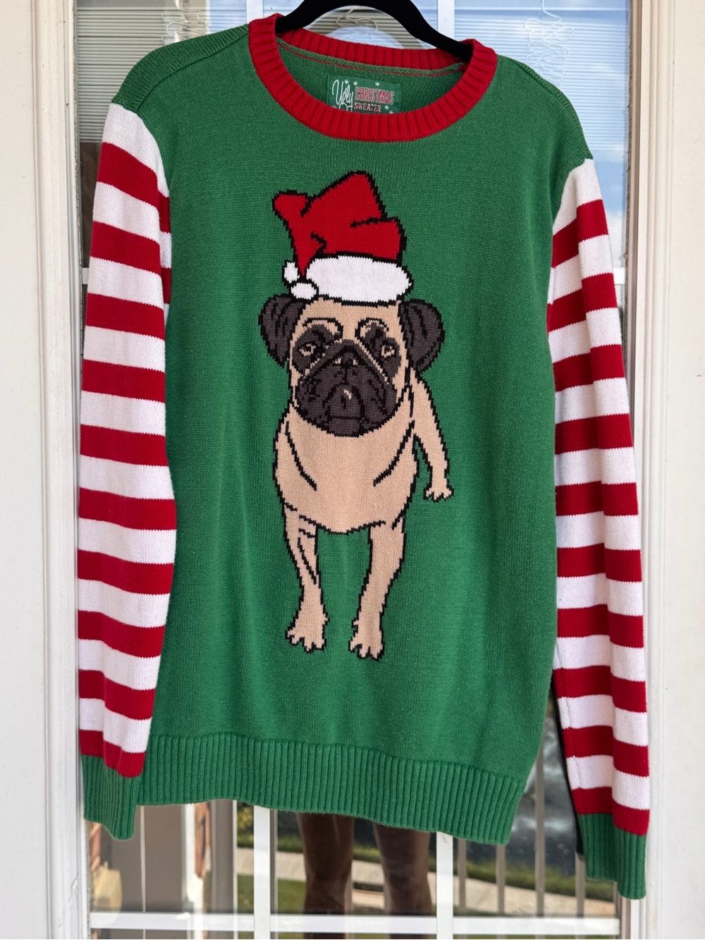 Green Pug Christmas Sweater with Red & White Striped Sleeves